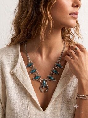 Vintage 70s Sarah Coventry Silver & Turquoise Squash Blossom Necklace